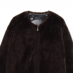 Women's dark brown faux fur jacket with crew neck and front zipper closure