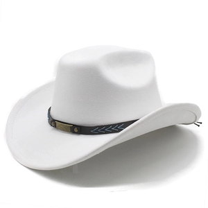 Detail of white suede cowboy hat featuring a brown embroidered band with metal rivets