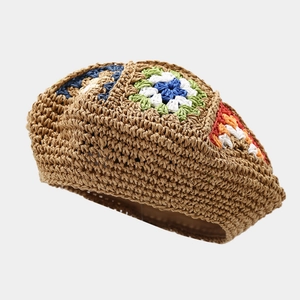Handmade Crochet Paper Straw Beret Hat Bohemian Granny Square Floral Patterns Vintage Breathable Summer Sunshade Fashion