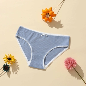 Blue low-waist polyester lace panties with ribbed texture and decorative white bow