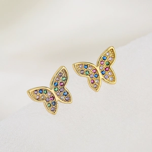 18K gold plated copper butterfly stud earrings with colorful zircon stones inlay