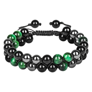Double-layer woven stone bracelet with green, black, and grey beads and adjustable cord