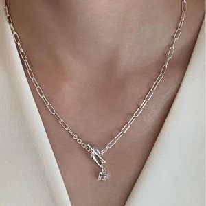 925 silver paperclip chain necklace featuring a minimalist OT buckle and zircon pendant