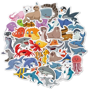 Close-up of waterproof cartoon sea animal stickers including sharks, dolphins and sea turtles