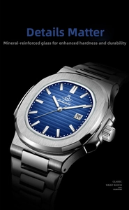 Close-up of men's business watch with blue textured dial and stainless steel bezel