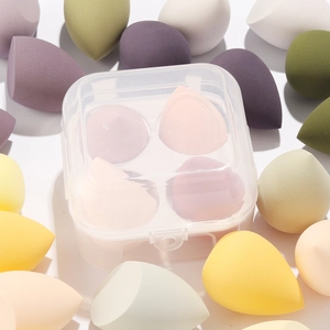 Set of non-latex makeup sponges in various colors and shapes with a transparent storage box