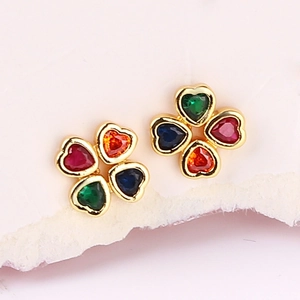 Four Leaf Clover Stud Earrings Brass 18K Gold Plated Colorful Zircon Lucky Heart Shape Minimalist Fashion For Women