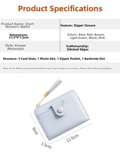Detail view of compact faux leather wallet with dimensions and internal pocket structure