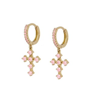 Macro detail of 925 hallmark on gold-plated cross earrings with pink crystals