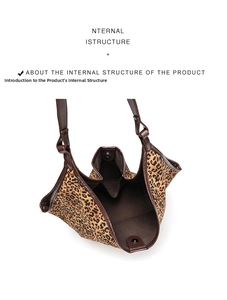 Top view of large leopard tote bag interior with magnetic closure and brown lining
