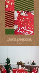 Detail of Merry Christmas tablecloth and chair covers with festive star and snowflake patterns