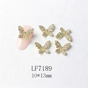 Micro-inlaid gold butterfly nail art charms with aurora rhinestones size 10x13mm