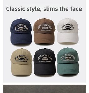 Detail view of cotton baseball caps in six colors with 1989 New York vintage embroidery