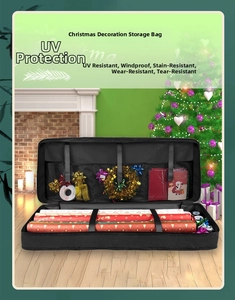 Detail view of durable black Oxford cloth Christmas gift wrap storage bag with sturdy zippers
