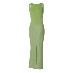 Detail of green backless maxi dress with side slit and shimmering fabric texture