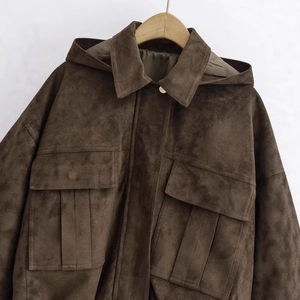 Deep brown faux suede bomber jacket with hood and large utility pockets on white background
