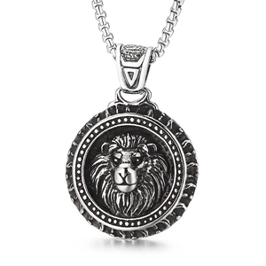 Vintage Punk Stainless Steel Round Medal Pendant Embossed Lion Wolf Skull Head Retro Hip Hop Jewelry For Men