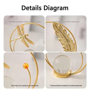 European creative metal dragonfly leaf ornament with crystal ball and thick base