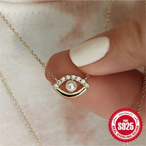 Elegant S925 sterling silver golden evil eye necklace with pearl and sparkling crystals