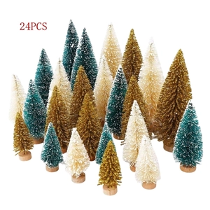 24-piece set of mini sisal Christmas trees with wood bases in green and gold colors