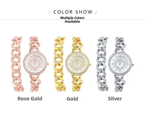 Detailed view of women quartz watch and Cuban chain bracelet set in rose gold, gold, silver