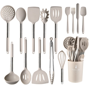 15-piece beige silicone and stainless steel kitchen utensil set with storage bucket