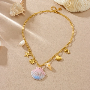 Pink gradient scallop shell and ocean theme pendants on a gold-plated stainless steel necklace