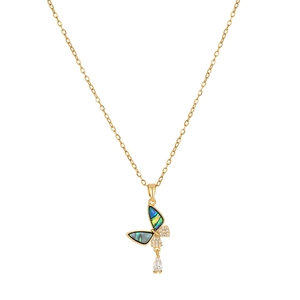 Elegant gold butterfly necklace with shell inlay and teardrop gem on white background