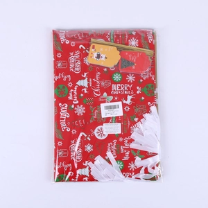 Christmas drawstring gift bags set with festive red patterns and white ribbons