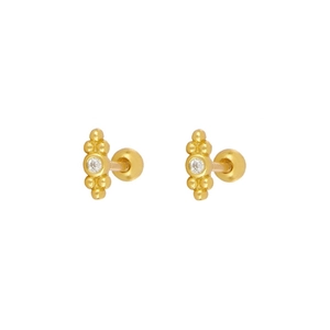 Minimalist gold geometric stud earrings featuring a single clear zircon with screw ball back