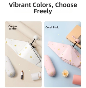 Mini folding sun umbrellas in cream and coral pink with heart patterns and hard cases