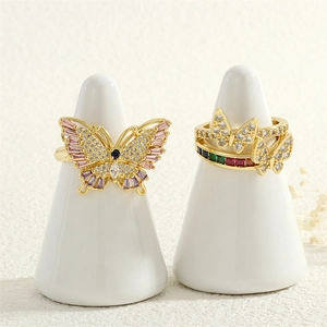 18K gold butterfly open ring set with colorful zircon micro-inlay for women