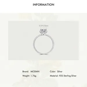 Classic S925 sterling silver four-claw solitaire engagement ring with 5.75mm square zircon