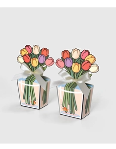 Creative tulip flower gift box with white satin ribbon and hand-drawn artistic patterns