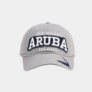 Detailed embroidery on grey cotton golf cap featuring One Happy Aruba Island slogan