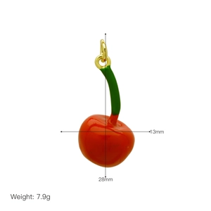 Macro detail of red cherry pendant with dimensions 13mm by 28mm and weight of 7.9g