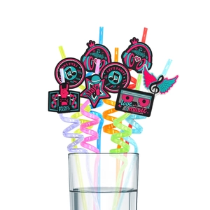 Colorful 80s music party straws with silicone charms in a clear glass on white background