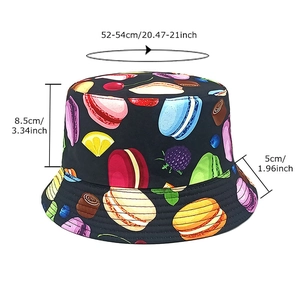 Kid bucket hat with colorful dessert fruit print and head size measurements