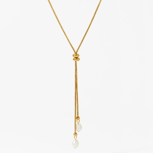 Gold Y-shaped snake chain necklace with natural baroque pearl pendants and adjustable ring