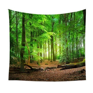 Wandteppich mit Waldlandschaft grünen Bäumen und Sonnenlicht für Raumdekoration