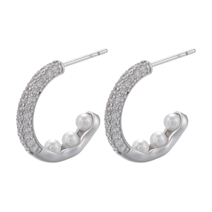 Silver C-shaped hoop earrings with micro-pave zircons and three small pearls