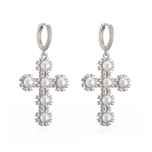 Elegant gold plated cross earrings with white pearls and sparkling cubic zirconia stones