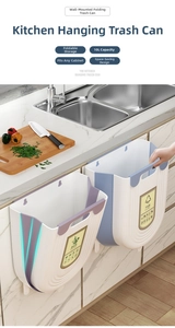 Hanging foldable kitchen waste bin showing the PP+TPE material and space-saving structure