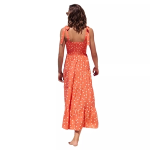 French style coral orange polka dot midi dress with tie straps and smocked back design