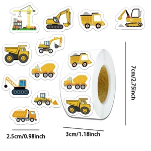 Detailed view of 1-inch construction vehicle cartoon stickers with size measurements