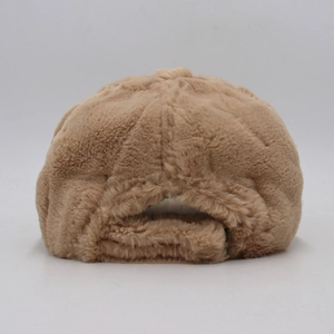Rear view of warm khaki faux fur baseball cap showing adjustable strap and soft texture