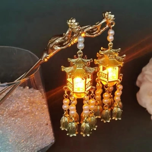 Golden vintage hair stick with glowing palace lantern tassels and pearls for Hanfu decor