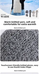 Detail of winter knit set showing touch screen gloves and thermal fabric texture