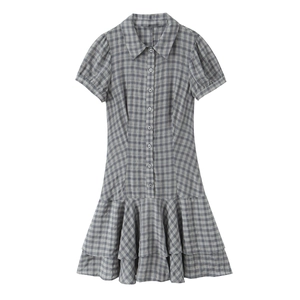 Plaid Mini Dress Short Sleeve Shirt Collar Tiered Ruffle Hem Button Down High Waist Polyester Preppy Style