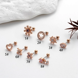 8-piece set of rose gold stainless steel cartilage earrings with zircon heart and star shapes
